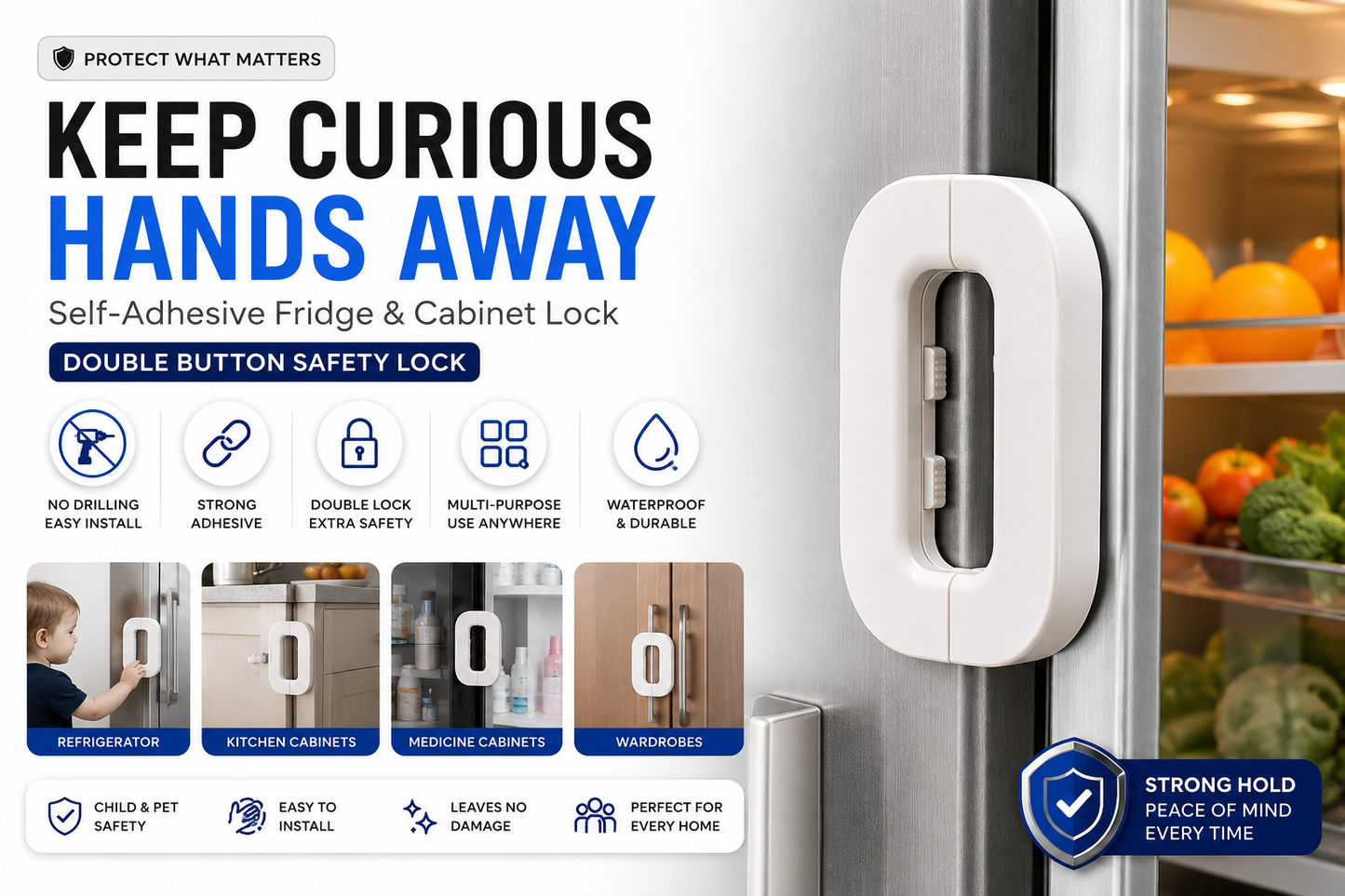 Multi-Purpose Child Safety Lock for Fridge, Cabinets & Drawers