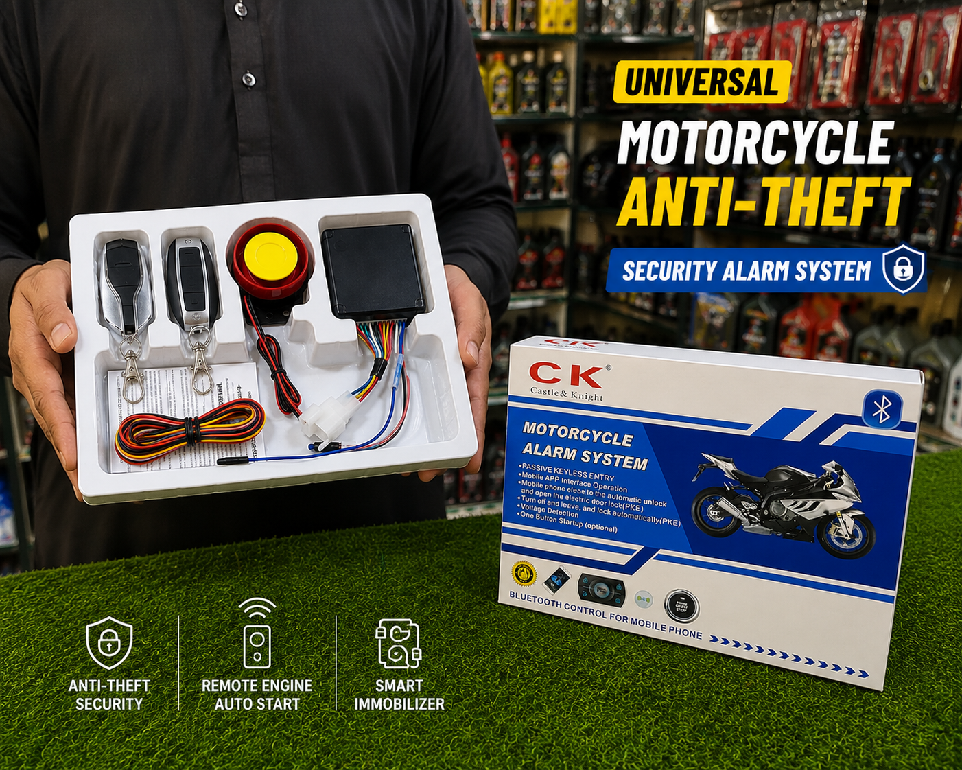 CK Universal 2-Way Motorcycle Anti-Theft Alarm System with Remote Auto Start & Smart Immobilizer