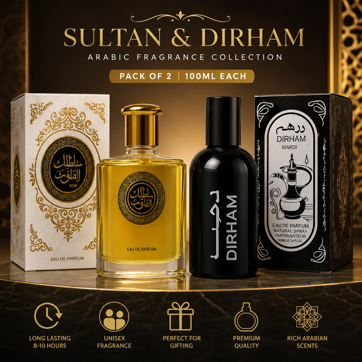 Sultan & Dirham Perfume Combo – 2 x 100ml Long Lasting Arabic Fragrance